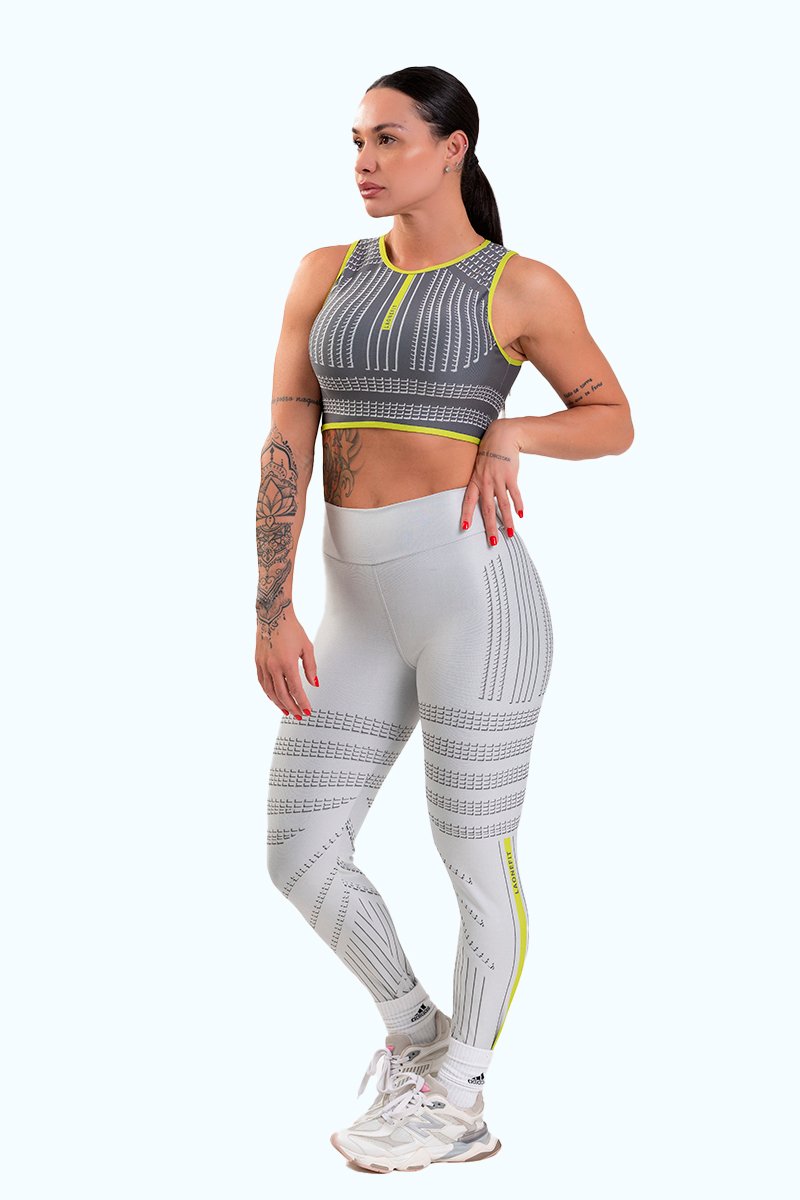 Conjunto Fitness Legging com Bolso e Top Nadador Estampa Digital BRANCO IMPULSE