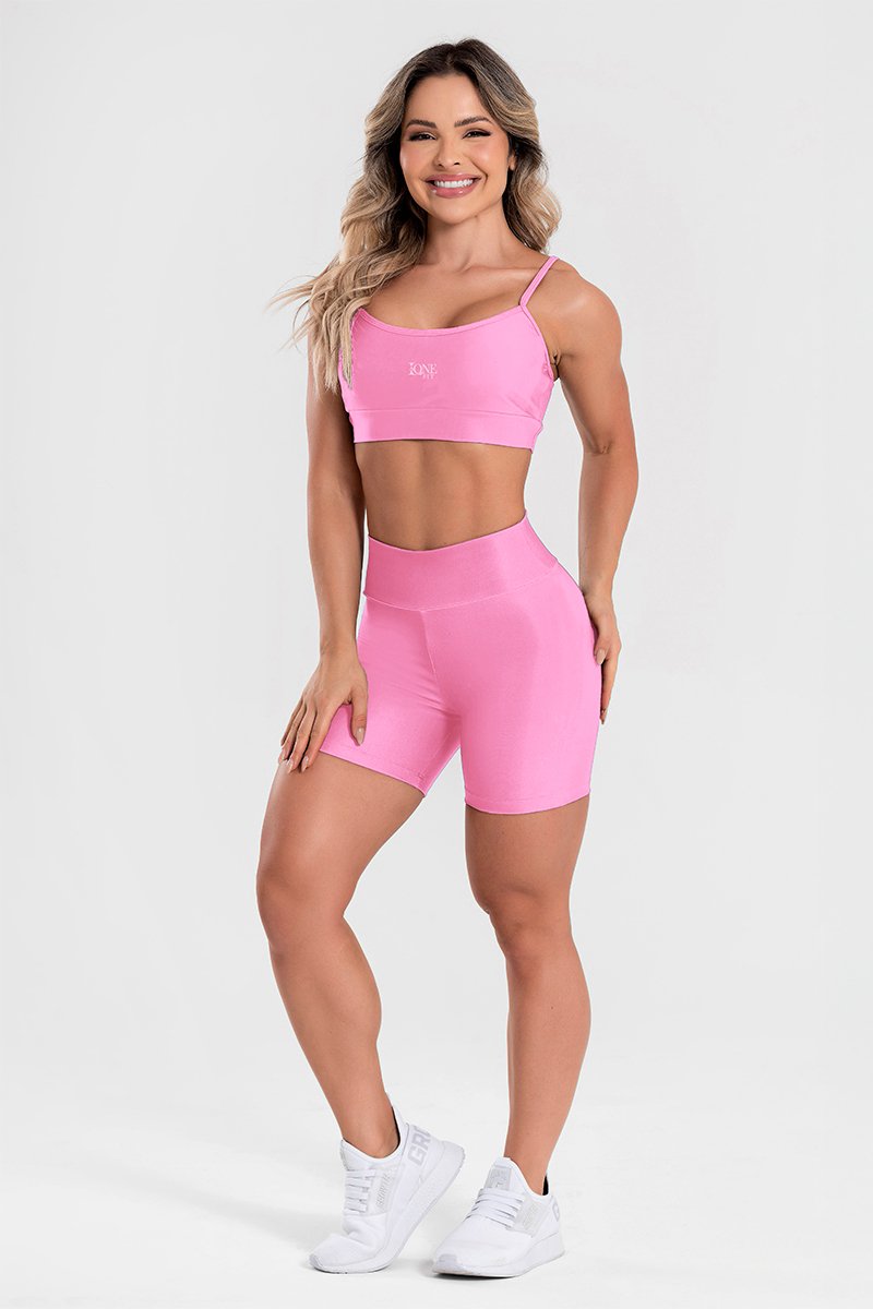 Conjunto Fitness Shorts e Top estampa exclusiva BLOOM PINK