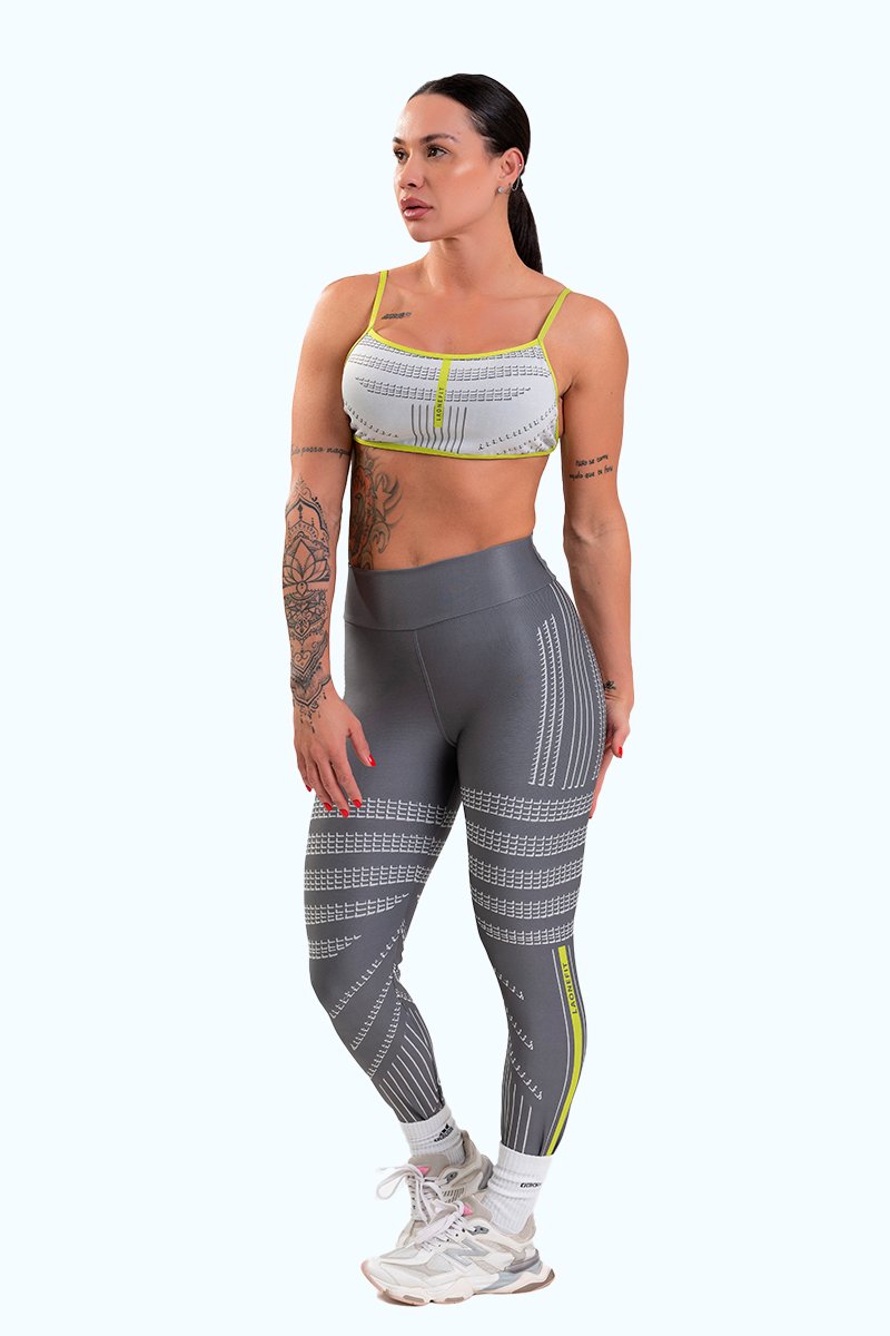 Conjunto Fitness Legging com Bolso e Top Regulável Estampa Digital CINZA IMPULSE
