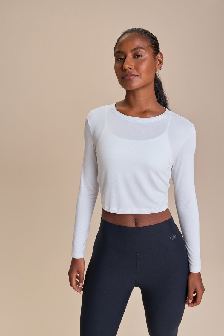Blusa Cropped ML Visco Heart - Branco