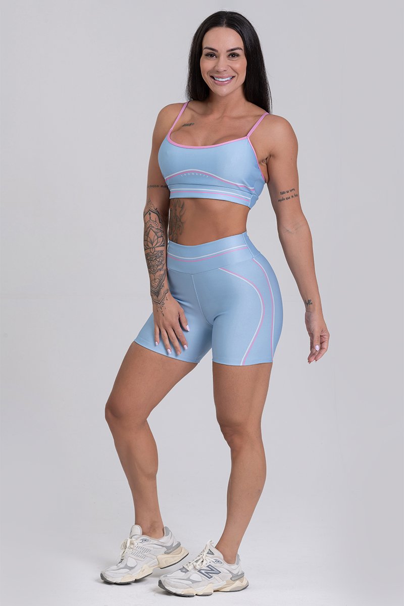 Conjunto Fitness Shorts e Top estampa exclusiva AZUL CANDY