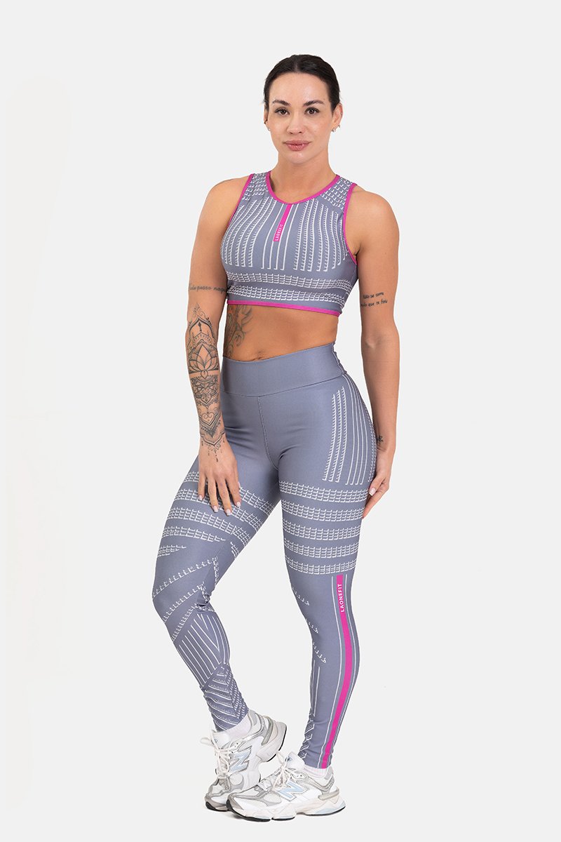Conjunto Fitness Legging com Bolso e Top Nadador Estampa Digital CINZA BLOON